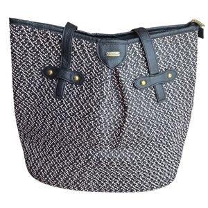 Sun N' Sand Women's Black Poly Straw Woven Shoulder Leather Strap Tote Bag NWOT